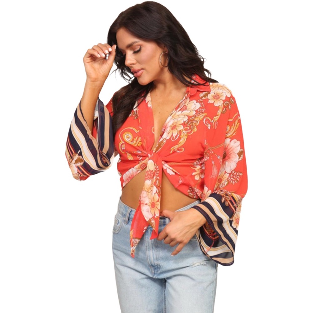 Floral Tie-Front Blouse - Red - Picture 7 of 14